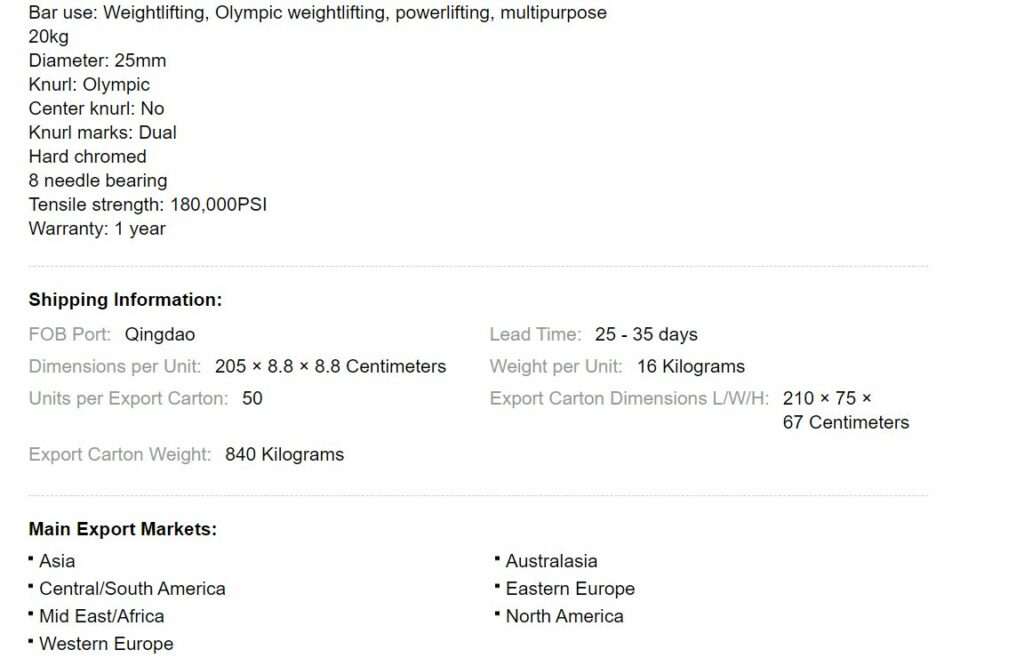 Choosing the Best Barbell Manufacturer 43 Figure number 8. Gym barbell export market example